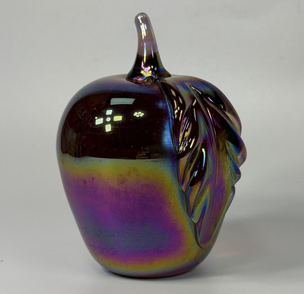 Vtg Gibson Apple Purple Rainbow Iridescent Art Glass Paperweight 4" Heavy 1996